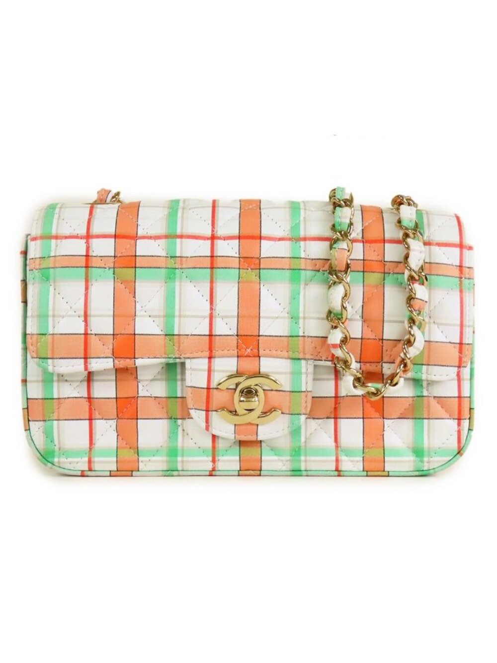 Chanel Single Flap Bag White Orange Green Leather Mini Quilted 20 Plaid Chain